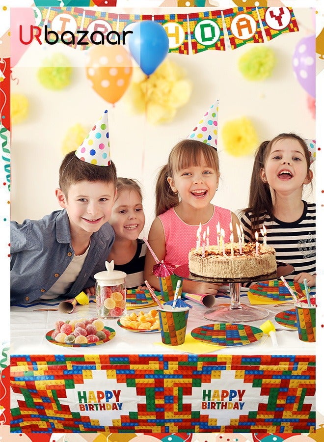 URbazaar 174 Pcs Set Building Block Birthday Party Supplies Set | Baby Boy Toddler Kids Birthday Brick Decorations – Cups Plates Signs Napkins Balloons Tablecloth Utensils – Decorations for Boys and Girls - Image 5