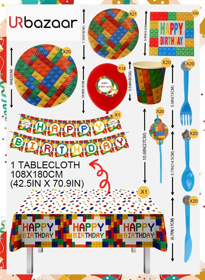 URbazaar 174 Pcs Set Building Block Birthday Party Supplies Set | Baby Boy Toddler Kids Birthday Brick Decorations – Cups Plates Signs Napkins Balloons Tablecloth Utensils – Decorations for Boys and Girls - Image 2
