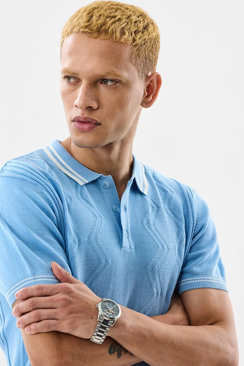 SNITCH Light Blue Textured Half Sleeve Slim Fit T-Shirt