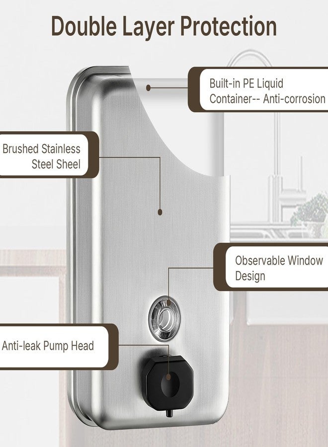 KSITEX Stainless Steel Soap Dispenser Wall Mounted, 37oz Commercial Hand Soap Dsipenser, Manual Anti-Leak Pump Liquid Soap Dispenser, Rust-Proof Lining Hand Sanitizer Lotion Dispenser for Bathroom - Image 3