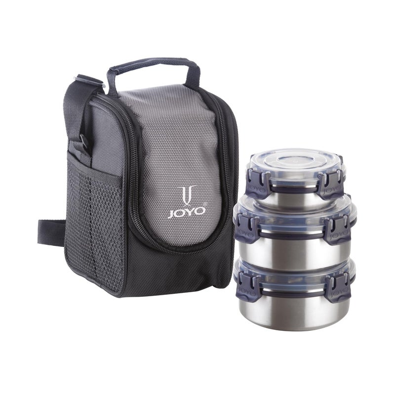 JOYO Joyo Klip It Lunch Pack with Zipper Pouch, 100% Leak Proof, 3 Stainless Steel Containers with BPA Free Airtight 4 Side Lock Lids (475 ML X 2, 375 ML) - (Grey)  - Image 1
