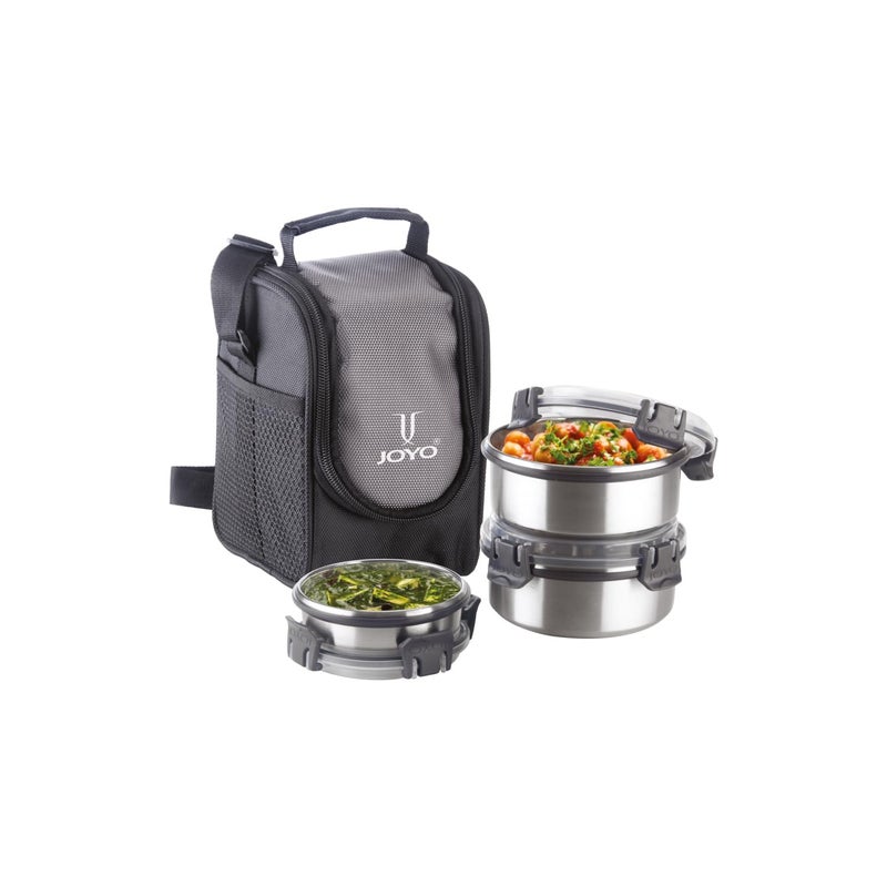 JOYO Joyo Klip It Lunch Pack with Zipper Pouch, 100% Leak Proof, 3 Stainless Steel Containers with BPA Free Airtight 4 Side Lock Lids (475 ML X 2, 375 ML) - (Grey)  - Image 2