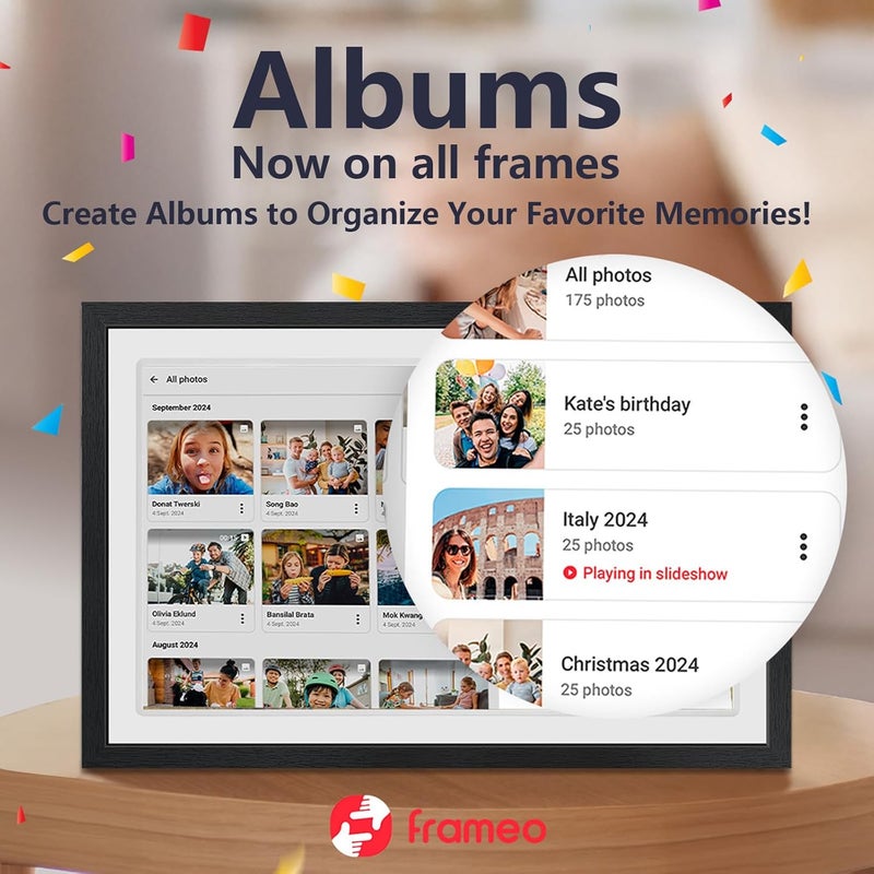 إطار صور رقمي FRAMEO 21.5 بوصة مع شاشة لمس IPS LCD FHD بدقة 1920x1080، واي فاي مزدوج لمشاركة اللحظات عبر Frameo، تخزين 32 جيجابايت، محرك أقراص USB/بطاقة SD لتوسيع التخزين، تدوير تلقائي، قابل للتثبيت على الحائط مع VESA - Image 5