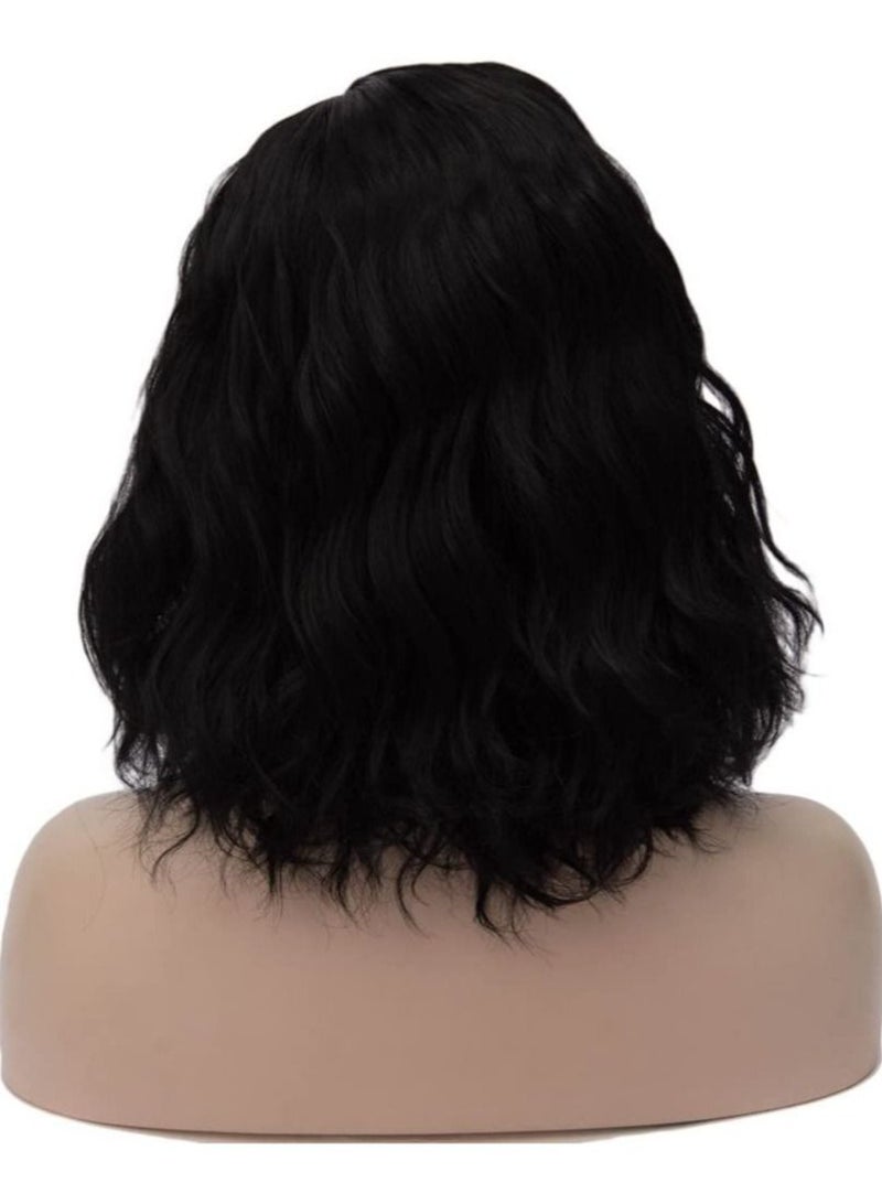 Estelle Short Bob Wavy Curly Wig White Ombre Wig For Women Heat Resistant Bob Party Wig Include Wig Cap Dark Black - Image 4