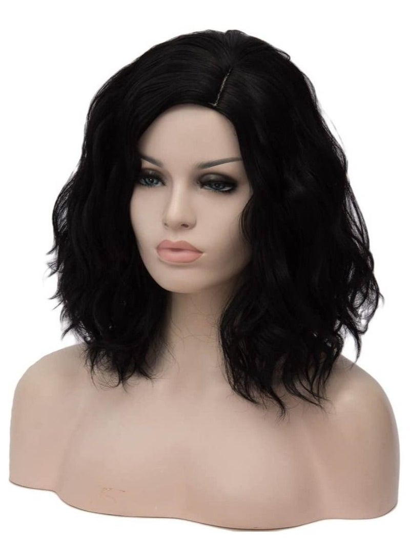 Estelle Short Bob Wavy Curly Wig White Ombre Wig For Women Heat Resistant Bob Party Wig Include Wig Cap Dark Black - Image 3