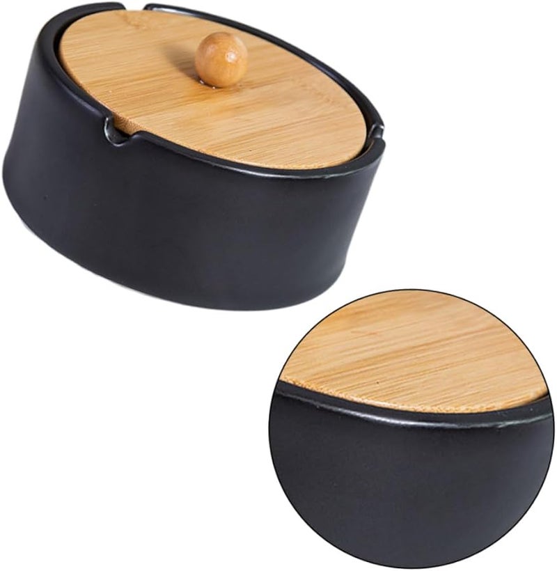 Black Ceramic Ashtray With Lid Windproof Jar Vintage Design For Home Office - Image 1