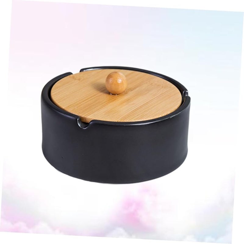 Black Ceramic Ashtray With Lid Windproof Jar Vintage Design For Home Office - Image 5