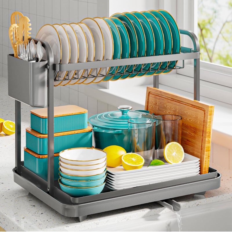Kitsure Dish Drainer Rack SpaceSaving Dish Drainer Dish Racks for Kitchen Counter Stainless Steel Kitchen Drying Rack with a Cutlery Holder 2Tiers Grey