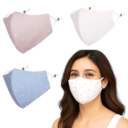 MASQ Polka Dot Combo, Embroidered 4-Layer Premium 100% Pure Cotton Cloth Mask,Anti-Pollution, Filteration Efficiency (BFE)>99%, Reusable & Adjustable, Pink, White & Blue, Pack of 3 - Image 1