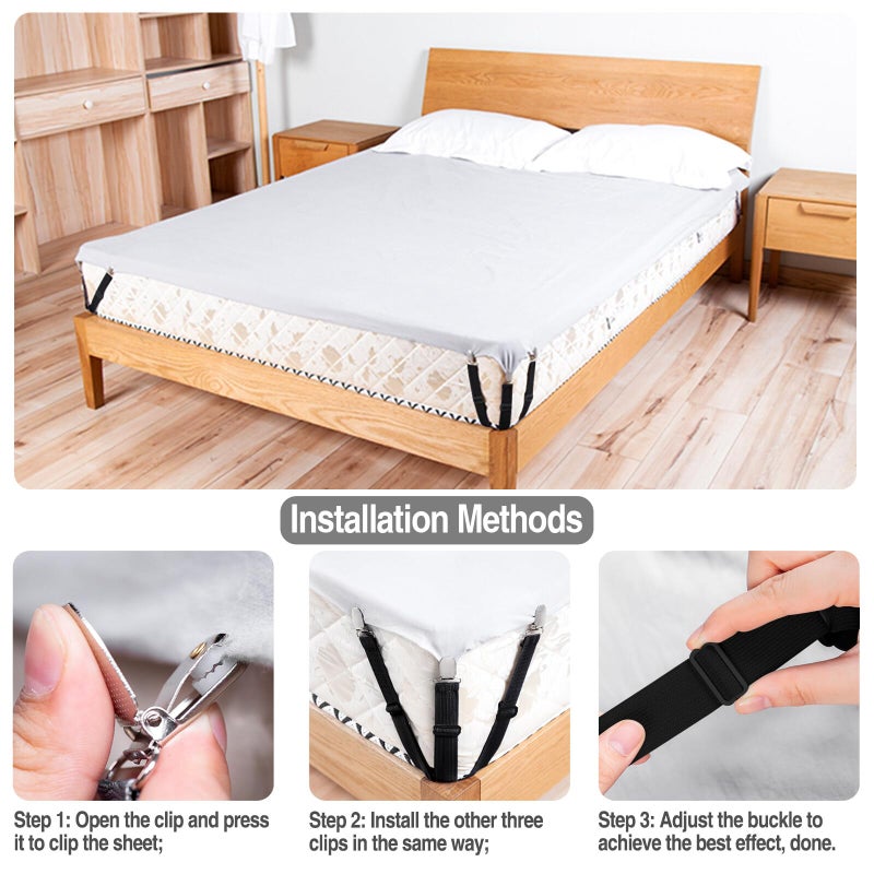 Ketumal 4Pcs Sheet Straps with Metal Clips, Adjustable Elastic Fasteners, Triangle Bed Sheet Straps Fitted Bed Sheet Holders for Corners, for a Wrinkle Bed Sheet, Sofa Cushion, Tablecloths - Image 5