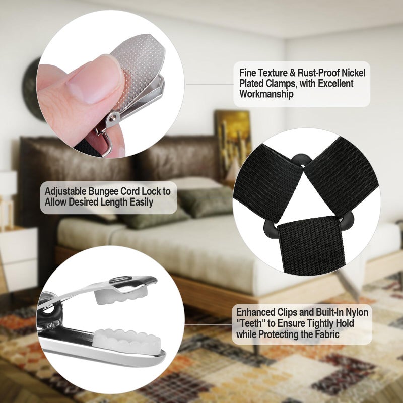 Ketumal 4Pcs Sheet Straps with Metal Clips, Adjustable Elastic Fasteners, Triangle Bed Sheet Straps Fitted Bed Sheet Holders for Corners, for a Wrinkle Bed Sheet, Sofa Cushion, Tablecloths - Image 3