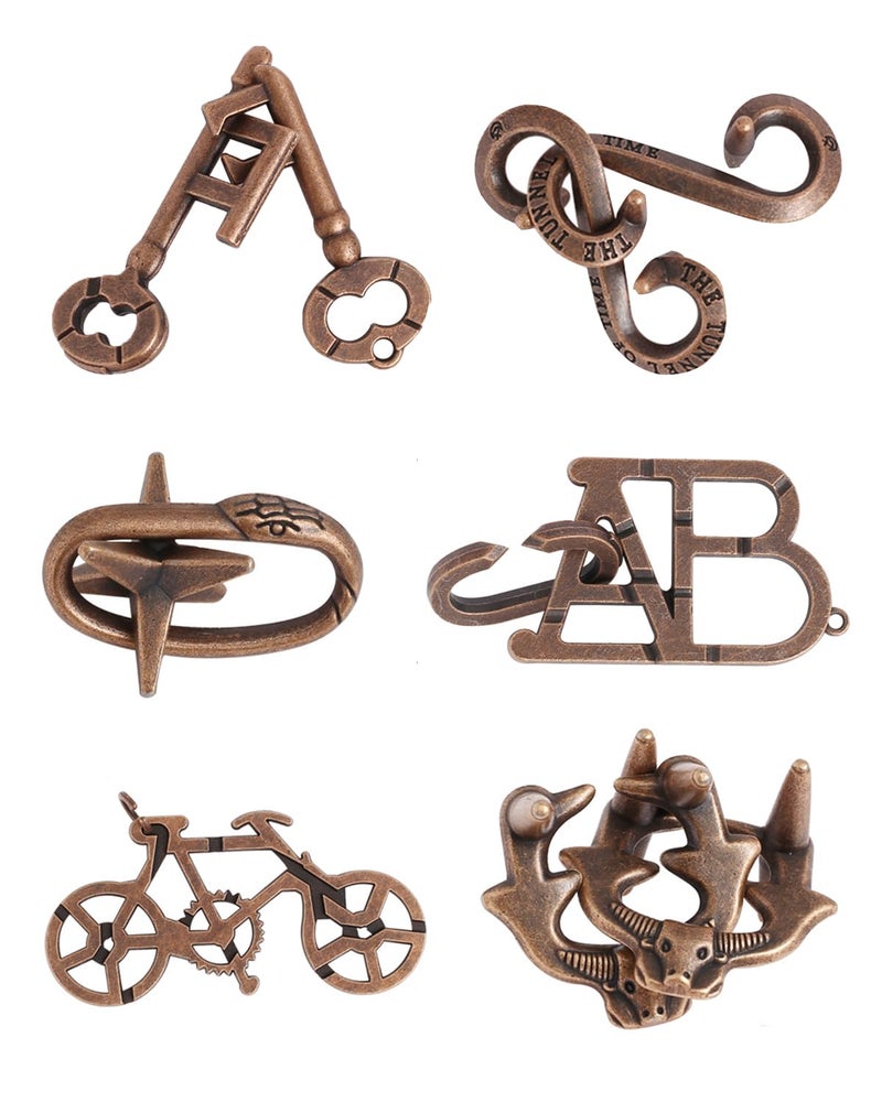 KalamkariX 6 PCS Metal Puzzles for Adults, Ancient Bronze Desktop Puzzle Set, Brain Teaser Toy for Kids & Adults, Educational Cognitive Development Game for Travel & Home Use - Image 1