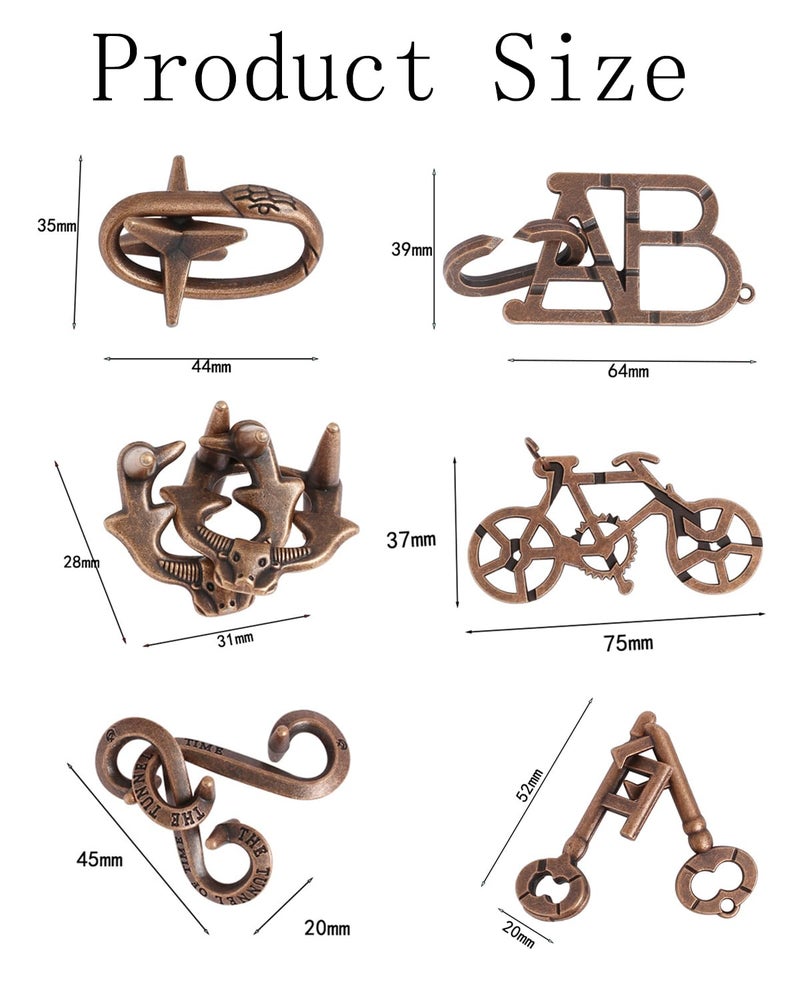 KalamkariX 6 PCS Metal Puzzles for Adults, Ancient Bronze Desktop Puzzle Set, Brain Teaser Toy for Kids & Adults, Educational Cognitive Development Game for Travel & Home Use - Image 2