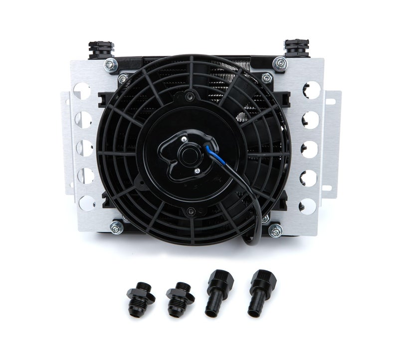 Derale Fluid Cooler and Fan 1275 x 9375 x 4313 in Plate and Fin Type 5818 in Female ORing InletOutlet 8 AN Male Adapters Fittings Aluminum Black Powder Coat Universal Each