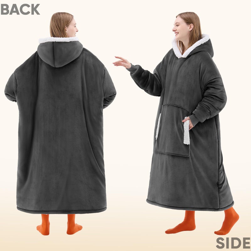 yescool Wearable Blanket Hoodie - Birthday Christmas Gifts for Women Mom Girlfriend, Oversized Flannel Sherpa Cozy Hooded Blanket Sweatshirt Adult With Hood Pocket & Sleeves, One Size Fits All (Grey) - Image 3