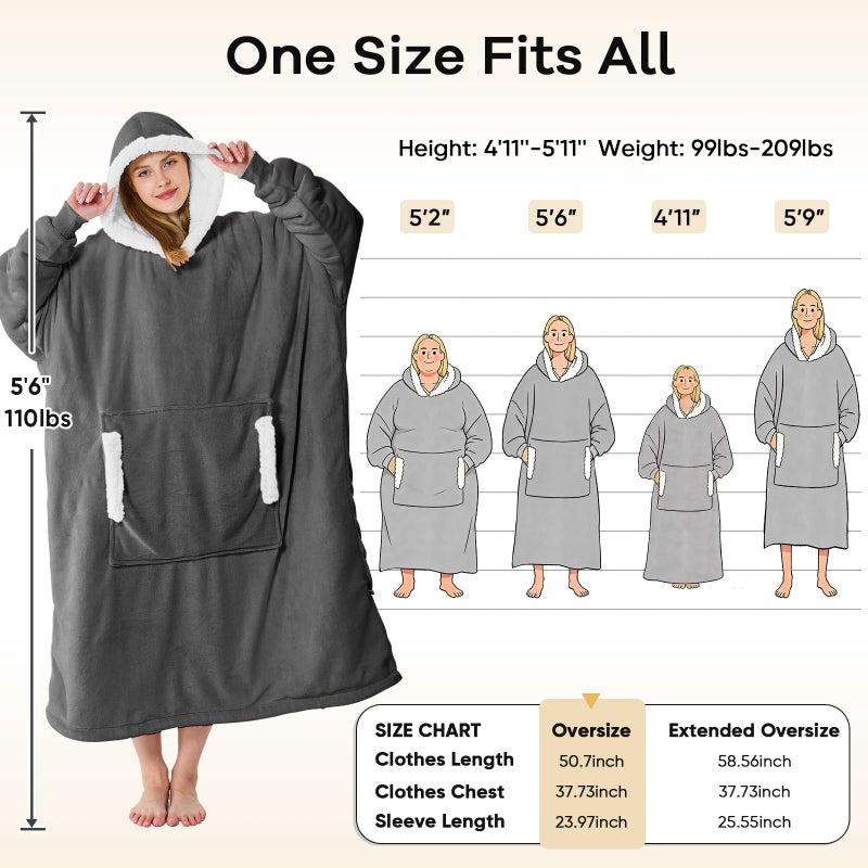 yescool Wearable Blanket Hoodie - Birthday Christmas Gifts for Women Mom Girlfriend, Oversized Flannel Sherpa Cozy Hooded Blanket Sweatshirt Adult With Hood Pocket & Sleeves, One Size Fits All (Grey) - Image 4
