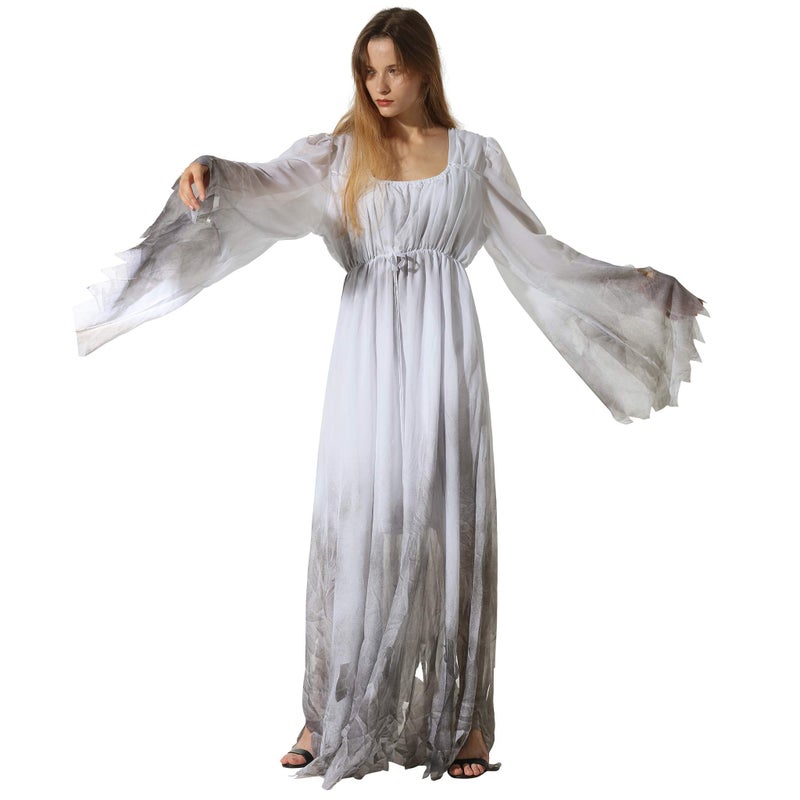 EraSpooky Women Gossamer Ghost Costume Gothic Victorian White Fancy Dress Large
