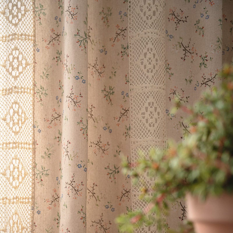 Deeprove Boho Curtains for Bedroom, Cream Hollow Crochet Stripes and Florals Print Cotton Linen Fabric Patchwork, Bohemian Beige Tassel Semi-Blackout Window Panel Farmhouse Drape 1 Panel, W59 x L84 - Image 2