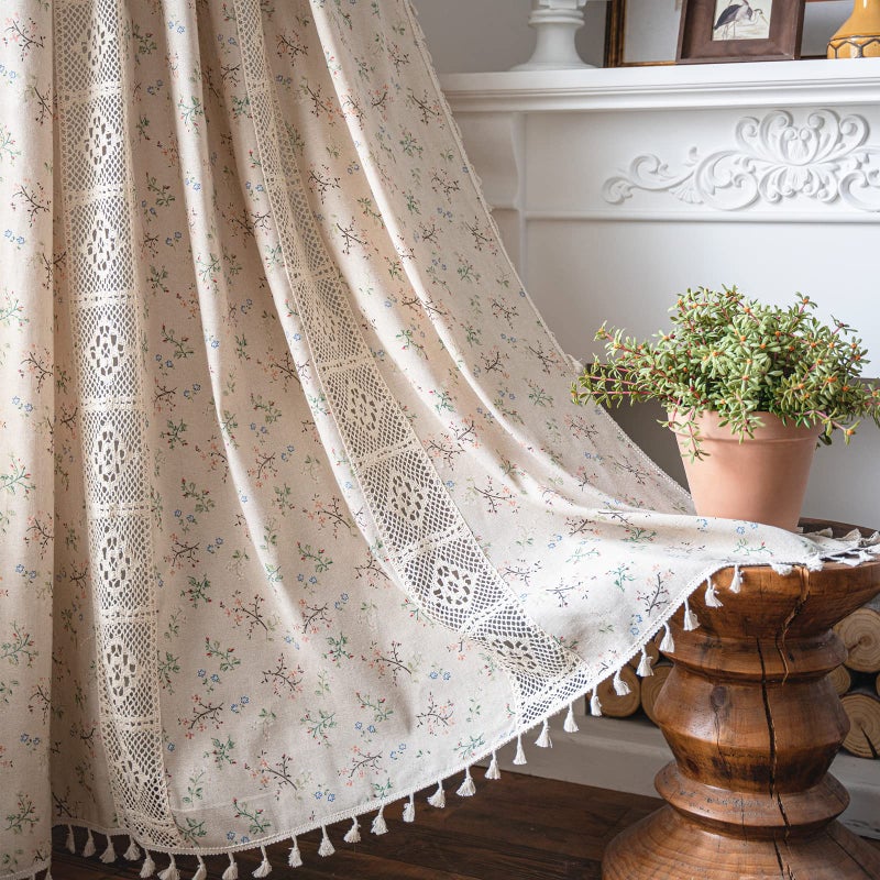 Deeprove Boho Curtains for Bedroom, Cream Hollow Crochet Stripes and Florals Print Cotton Linen Fabric Patchwork, Bohemian Beige Tassel Semi-Blackout Window Panel Farmhouse Drape 1 Panel, W59 x L84 - Image 3