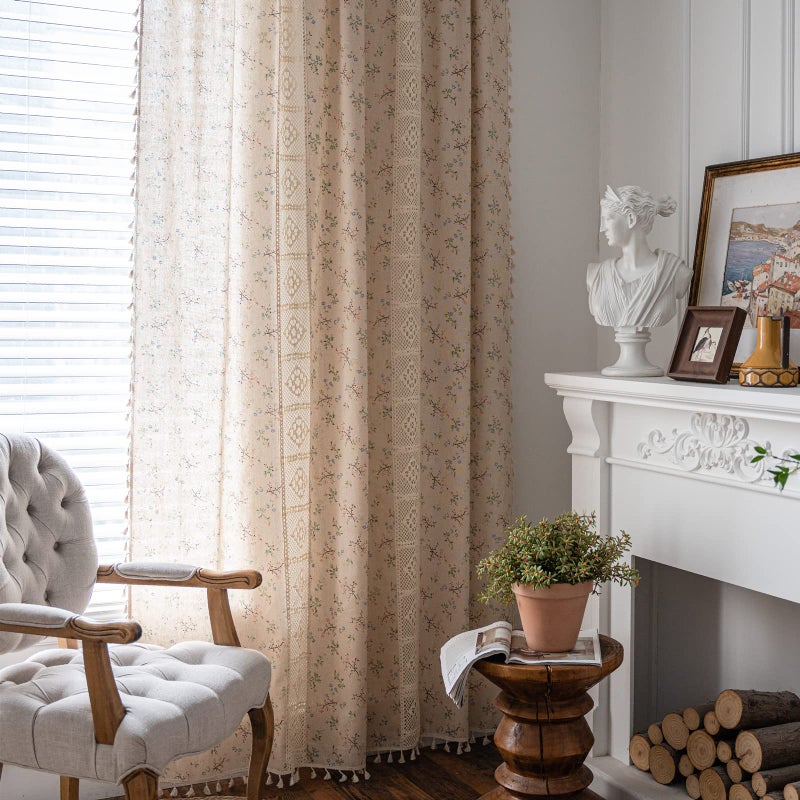 Deeprove Boho Curtains for Bedroom, Cream Hollow Crochet Stripes and Florals Print Cotton Linen Fabric Patchwork, Bohemian Beige Tassel Semi-Blackout Window Panel Farmhouse Drape 1 Panel, W59 x L84 - Image 4