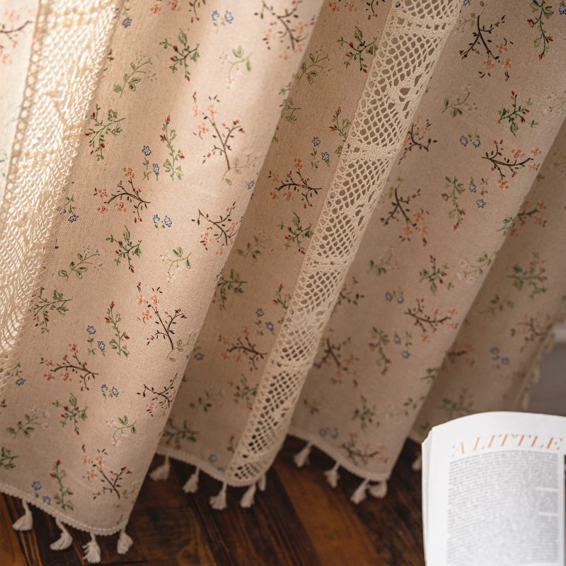 Deeprove Boho Curtains for Bedroom, Cream Hollow Crochet Stripes and Florals Print Cotton Linen Fabric Patchwork, Bohemian Beige Tassel Semi-Blackout Window Panel Farmhouse Drape 1 Panel, W59 x L84 - Image 5