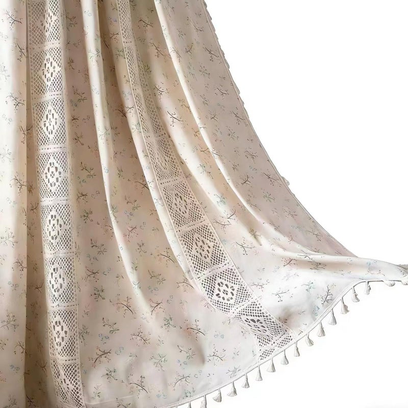 Deeprove Boho Curtains for Bedroom, Cream Hollow Crochet Stripes and Florals Print Cotton Linen Fabric Patchwork, Bohemian Beige Tassel Semi-Blackout Window Panel Farmhouse Drape 1 Panel, W59 x L84 - Image 1