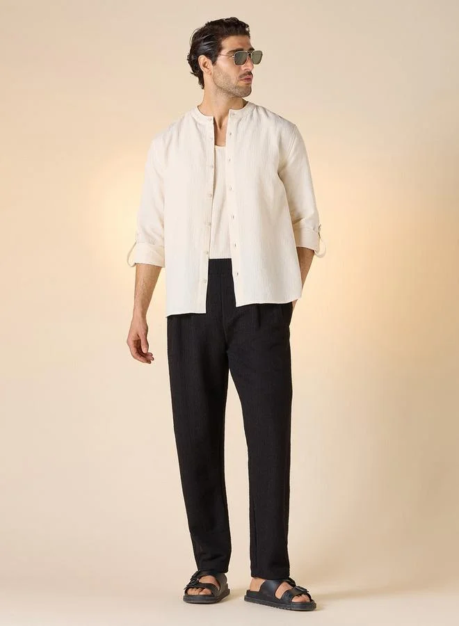 Iconic Iconic Textured Shirt with Mandarin Collar and Long Sleeves