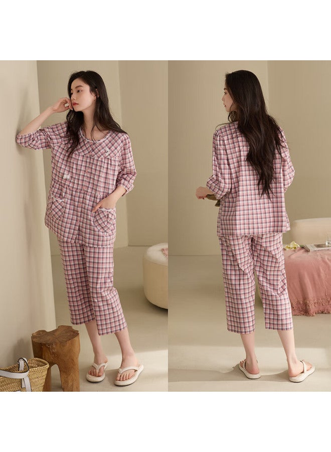 XULEN Xuanliang Women's Summer Woven Plaid Pure Cotton Seven-quarter Sleeve Nine-quarter Pants Slimming Home Wear Set - Image 3