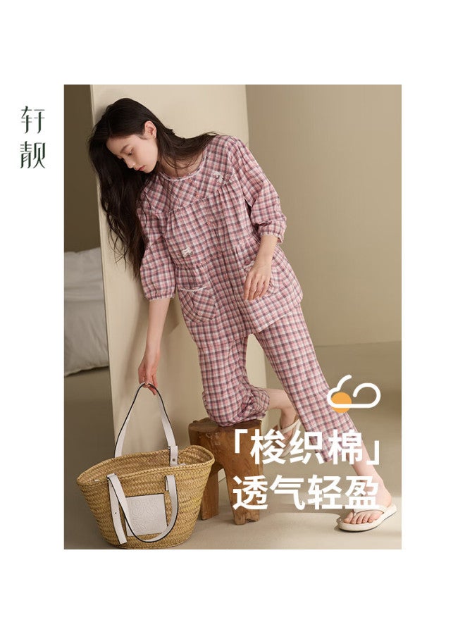 XULEN Xuanliang Women's Summer Woven Plaid Pure Cotton Seven-quarter Sleeve Nine-quarter Pants Slimming Home Wear Set - Image 1