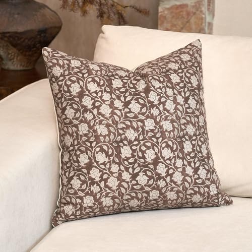DOMVITUS Floral Pillow Covers 18x18, Throw Pillows for Couch, Block Print Pillow Cover, Decorative Neutral Accent Throw Pillow Covers for Living Room, 1PC, Brown - Image 1