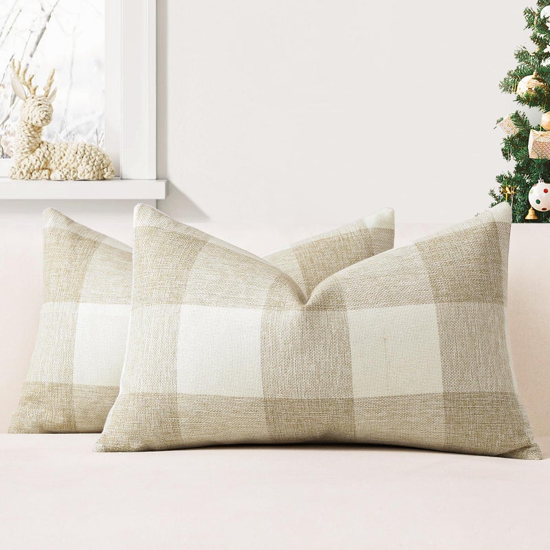 JOTOM Set of 2 Classic Plaids Cushion Covers 40x60 cm Farmhouse Buffalo Check Soft solid Decorative Throw Pillow Covers Home Decor Outdoor Cushion Case for Sofa Bedroom Cream White