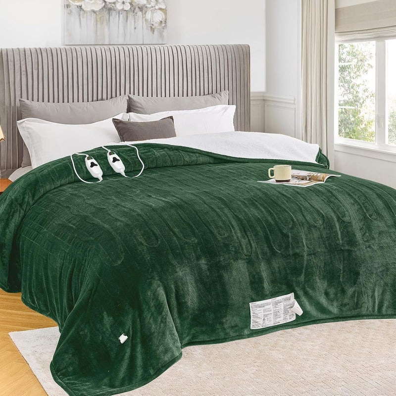 greenoak Heated Blanket Electric Queen Size 84"X90" Dual Control, Heating Blankets with 10 Levels 8 Hours Auto-Off, Soft Sherpa Fluffy House Warming Gifts for Grandma Seniors Momt,Jade Green - Image 1