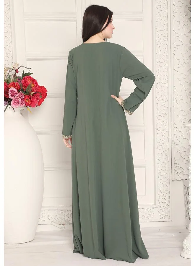 Maxim Creation  Green V Neck Jalabiya with Doriwork Embroidery for Women | Best Price UAE