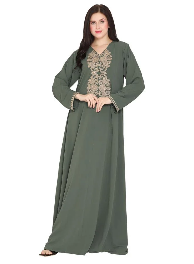 Maxim Creation  Green V Neck Jalabiya with Doriwork Embroidery for Women | Best Price UAE