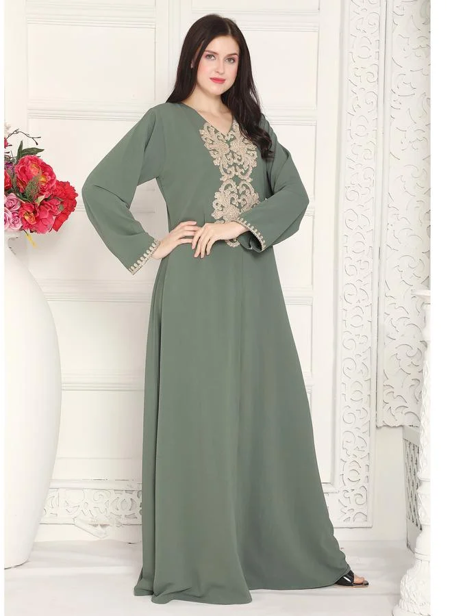 Maxim Creation  Green V Neck Jalabiya with Doriwork Embroidery for Women | Best Price UAE