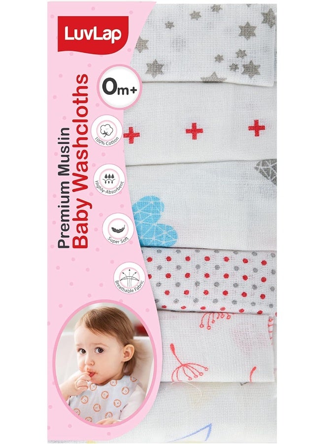 Luvlap Luv Lap Premium Baby Washcloth for New Born, 100% Muslin Cotton Cloth, Washable, Reusable, Absorbent, Extra Soft Face Towels/Washcloth for Babies, 6 Pcs, Dots, Hearts Print - Image 1
