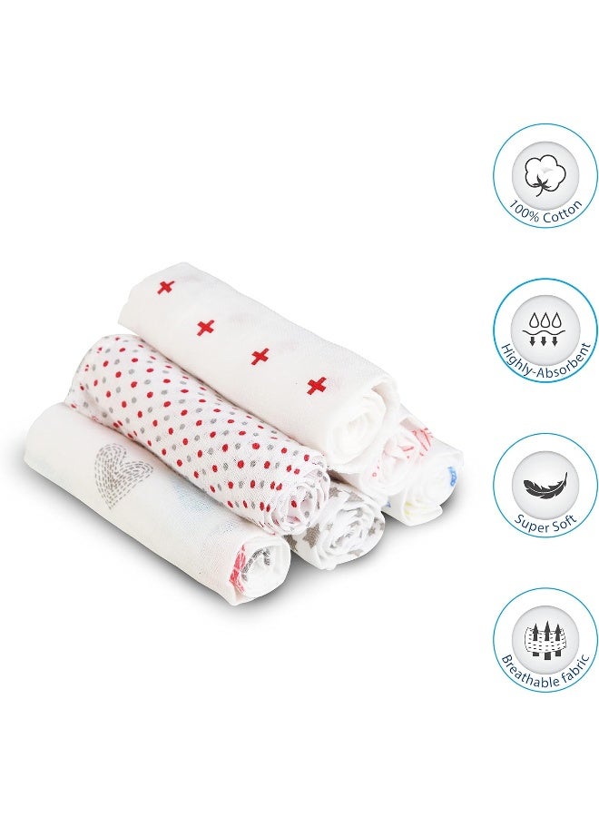 Luvlap Luv Lap Premium Baby Washcloth for New Born, 100% Muslin Cotton Cloth, Washable, Reusable, Absorbent, Extra Soft Face Towels/Washcloth for Babies, 6 Pcs, Dots, Hearts Print - Image 2