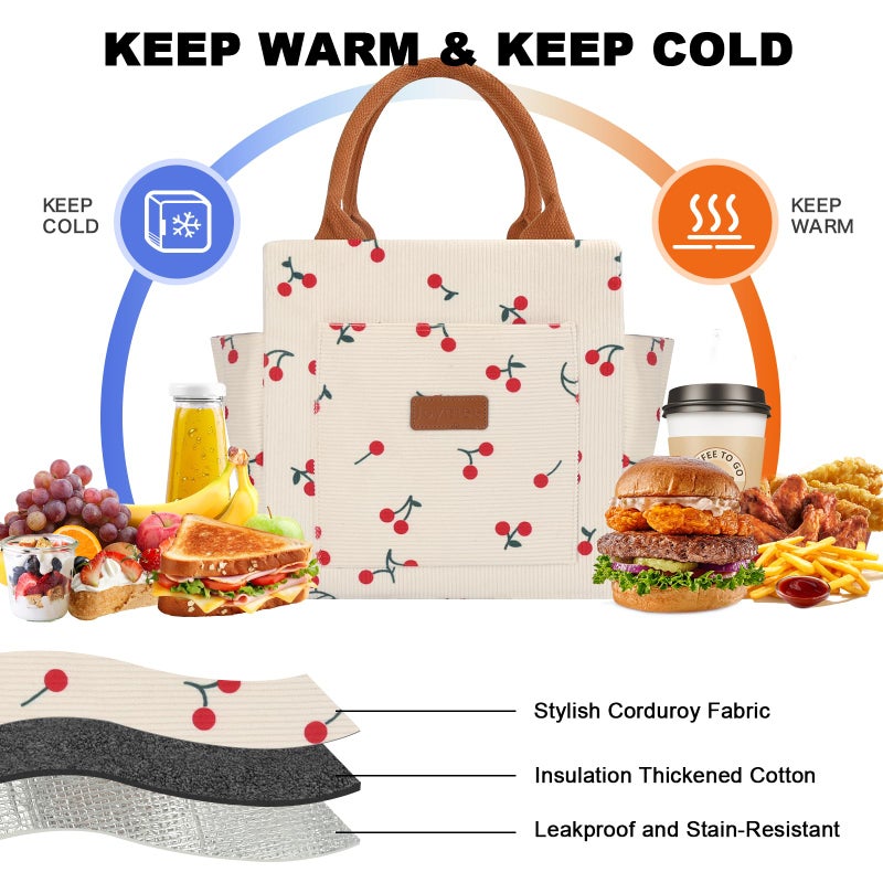 Joymee Lunch Bag Women Insulated Lunch Box Cute Corduroy Reusable Leakproof Large Capacity Lunch Tote Bag for Women Men Adult with Bottle Holder and Side Pockets for Work - Corduroy Cherry - Image 3
