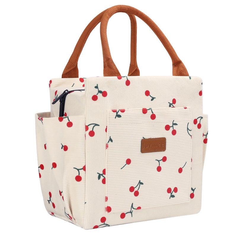 Joymee Lunch Bag Women Insulated Lunch Box Cute Corduroy Reusable Leakproof Large Capacity Lunch Tote Bag for Women Men Adult with Bottle Holder and Side Pockets for Work - Corduroy Cherry - Image 1
