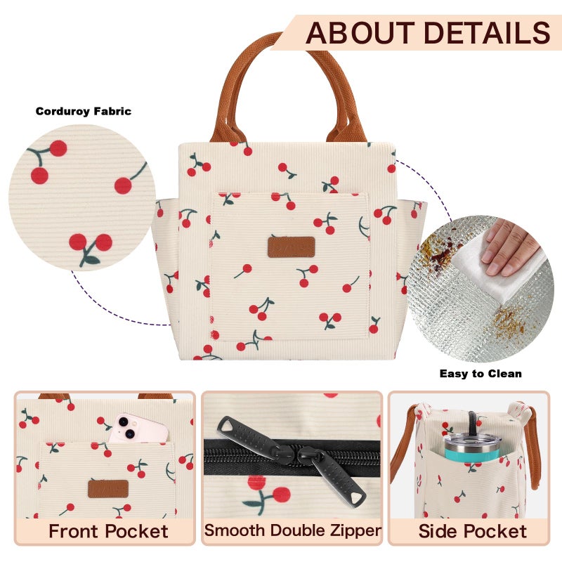 Joymee Lunch Bag Women Insulated Lunch Box Cute Corduroy Reusable Leakproof Large Capacity Lunch Tote Bag for Women Men Adult with Bottle Holder and Side Pockets for Work - Corduroy Cherry - Image 5