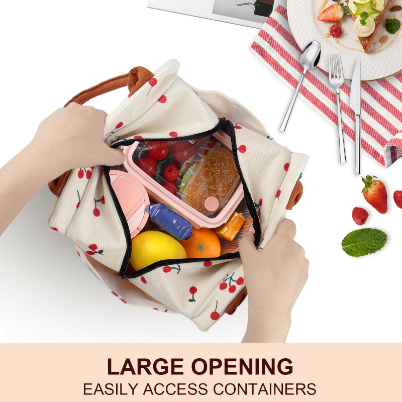Joymee Lunch Bag Women Insulated Lunch Box Cute Corduroy Reusable Leakproof Large Capacity Lunch Tote Bag for Women Men Adult with Bottle Holder and Side Pockets for Work - Corduroy Cherry - Image 4