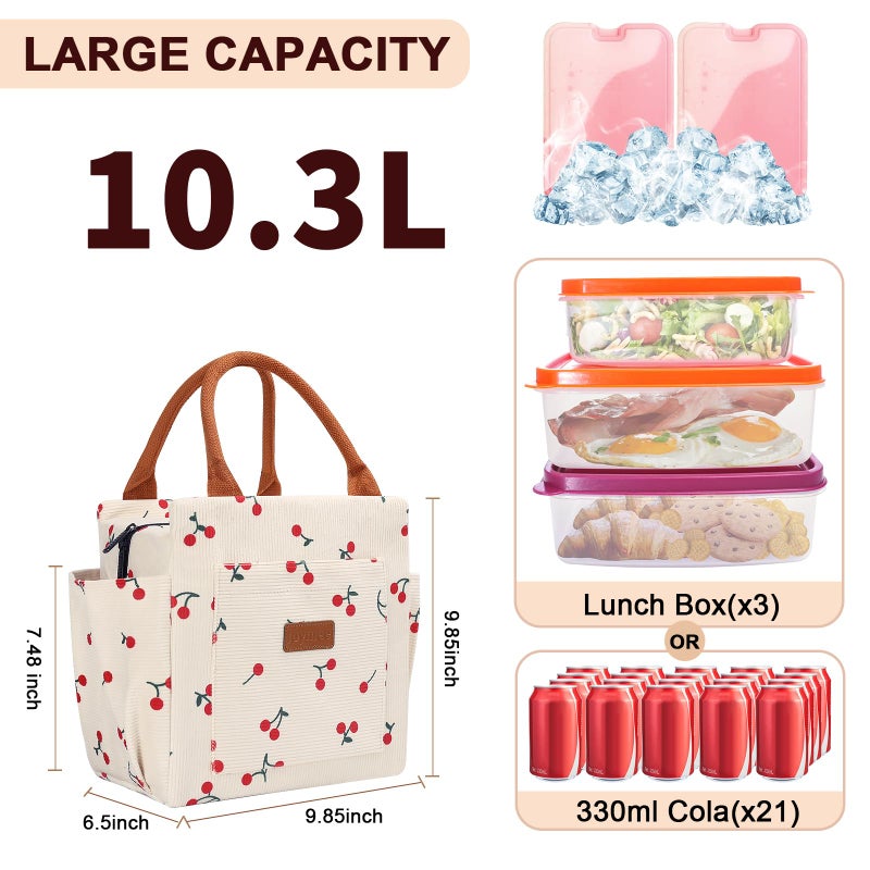 Joymee Lunch Bag Women Insulated Lunch Box Cute Corduroy Reusable Leakproof Large Capacity Lunch Tote Bag for Women Men Adult with Bottle Holder and Side Pockets for Work - Corduroy Cherry - Image 2