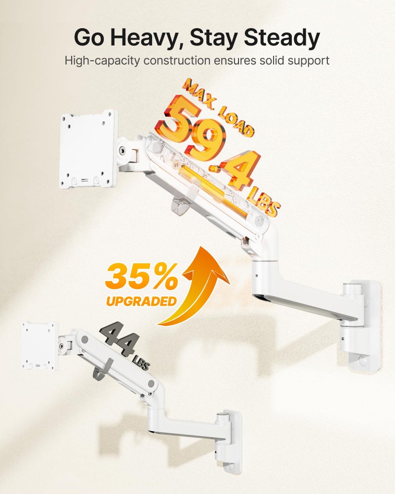 monTEK Monitor Wall Mount for 17-57â€œ up to 59.4 lbs Ultrawide Screens, Single Heavy-Duty Aluminum Gas Spring Monitor Arm with Full Motion Adjustment, VESA 75x75/100x100 Compatible, White - Image 3