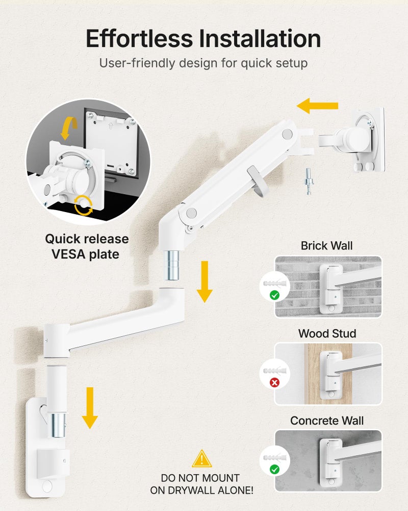 monTEK Monitor Wall Mount for 17-57â€œ up to 59.4 lbs Ultrawide Screens, Single Heavy-Duty Aluminum Gas Spring Monitor Arm with Full Motion Adjustment, VESA 75x75/100x100 Compatible, White - Image 5