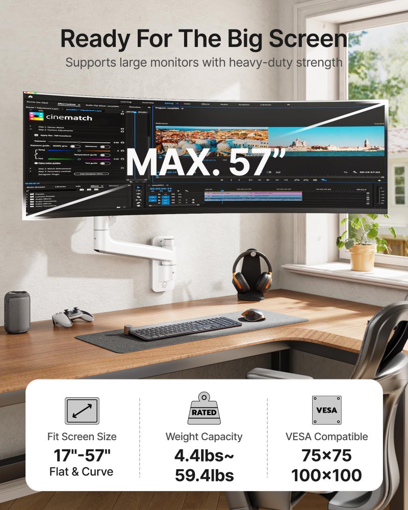 monTEK Monitor Wall Mount for 17-57â€œ up to 59.4 lbs Ultrawide Screens, Single Heavy-Duty Aluminum Gas Spring Monitor Arm with Full Motion Adjustment, VESA 75x75/100x100 Compatible, White - Image 2