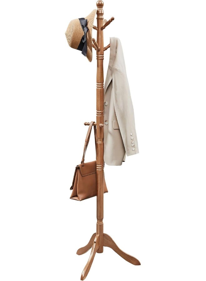 VASAGLE حامل المعاطف من فاساجل مصنوع من الخشب الصلب، شجرة معاطف قائمة بذاتها مع 10 خطافات للقبعات، الحقائب، والمحافظ، لمدخل المنزل، الممر، خشب المطاط، بني كراميل - Image 1