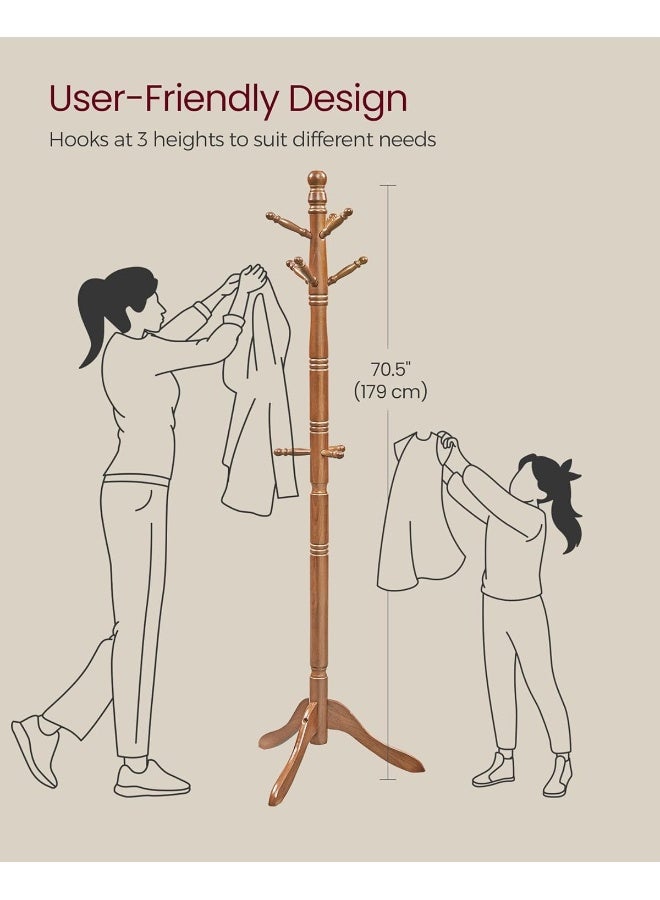 VASAGLE حامل المعاطف من فاساجل مصنوع من الخشب الصلب، شجرة معاطف قائمة بذاتها مع 10 خطافات للقبعات، الحقائب، والمحافظ، لمدخل المنزل، الممر، خشب المطاط، بني كراميل - Image 5