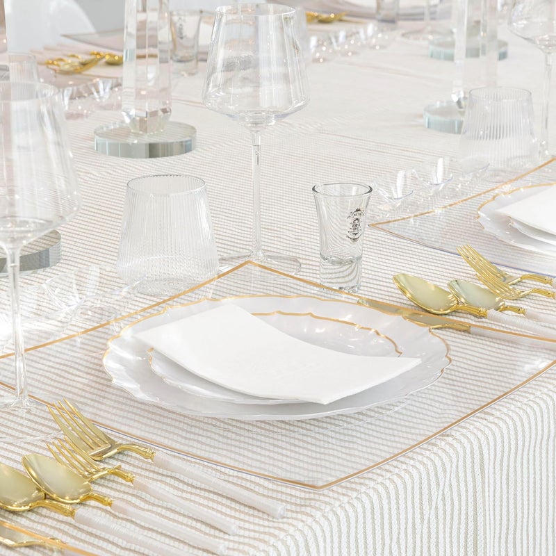 PLASTICPRO 48 Piece Aristocratic Combo Plastic Dinner Plates Disposable Plastic Fancy Heavy Duty Party Dishes 24, 7'' inch and 24, 10'' inch, Pearl White With Gold Rim - Image 2