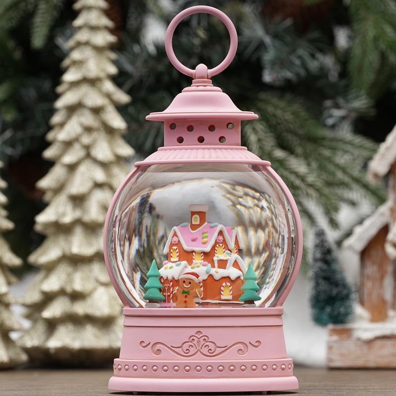Christmas Snow Globes Gingerbread House Musical Snow Globe Light up Swirling Glitter Snow Globe Pink Lantern with Timer USB Battery Operated Candy Cottage and Gingerbread Man Christmas Home Decor