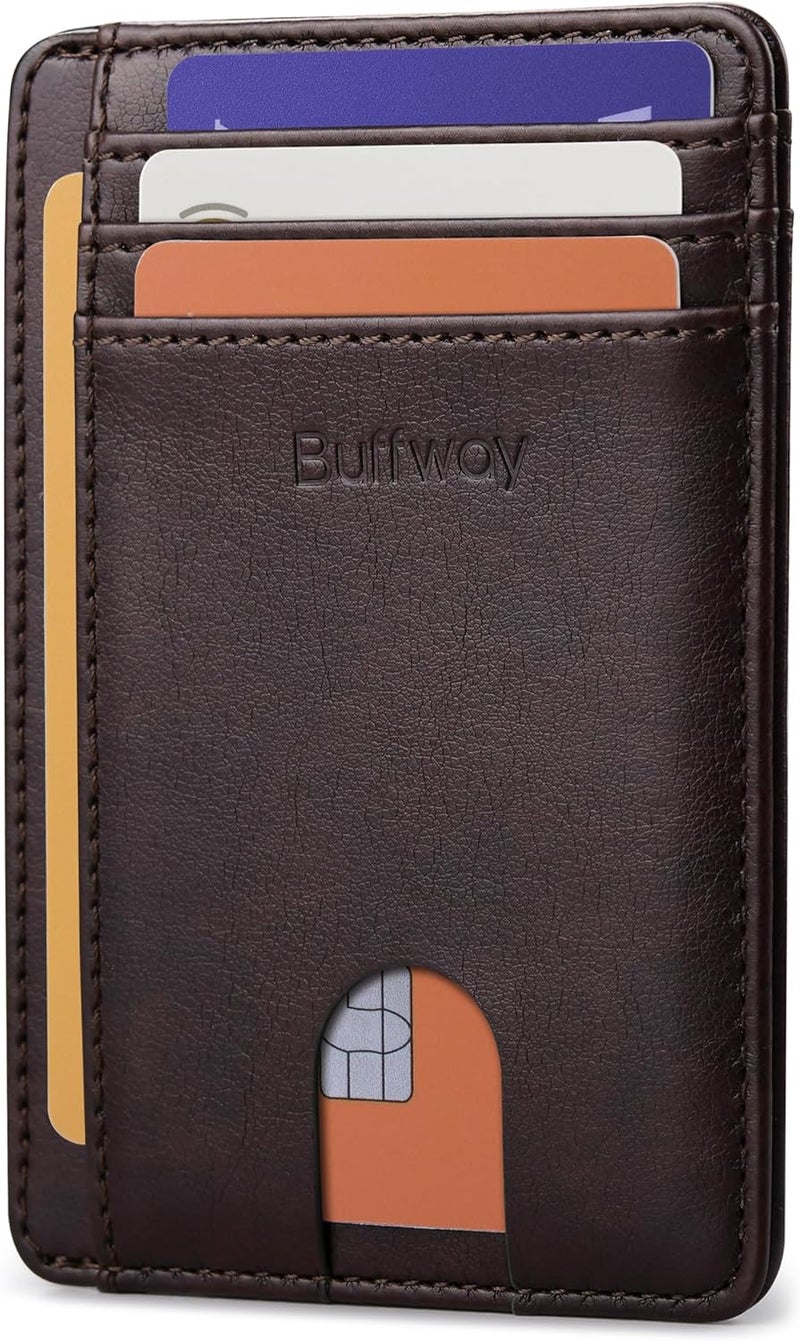 Buffway Slim Minimalist Front Pocket RFID Blocking Leather Wallets for Men and Women - Pebble Brown - Image 1
